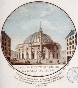 Buğday piyasasının dışarıdan görünümü, Le Camus de Mézières tarafından 1763 ve 1766 yılları arasında inşa edilen Paris, bugün Paris