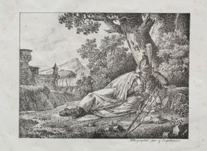 Litografik denemelerin toplanması: Dumanlı ejderha bir ağacın dibinde yatıyor, 1822.