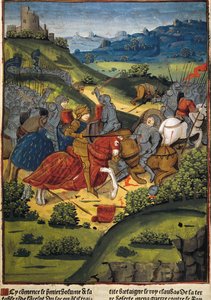 Lancelot bir savaşta - VERARD, Antoine (15. yüzyıl). İngiliz yayıncı ve kitapçı.; LANCELOT (6. yüzyıl). Kral Arthur'un sarayının şövalyesi. Lancelot bir savaşta. Antoine Verard'ın (1494) “Lancelot du Lac” çizimi. Gotik sanat. Minyatür Resim. FR