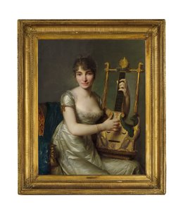 Portre de Madame Larmoyer, dörtte üç uzunlukta, bir lir tutuyor