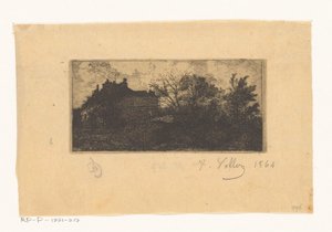 Bir çitin arkasındaki evler ve ön planda ağaçlar olan manzara by Antoine Vollon (signed by artist)