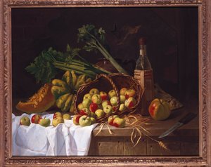 Natürmort Bir Şişe Şarap, Ravent ve Masada Kalkmış Bir Elma Sepeti ile by Antoine Vollon