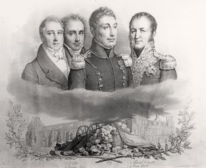 29 Temmuz 1830 Geçici Hükümeti. Soldan Sağa: Jacques Lafitte (1767-1844), Casimir Perier (1777-1832), General Lafayette (1757-1834) ve Kont Etienne Maurice Gerard (1773-1852) 1831 (