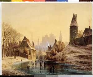 ""Donmuş nehir üzerindeki buz pateni pisti"" (Nehir Üzerinde Buz Pateni Pisti) Suluboya, Anton Doll (1826-1887) 1855 Puşkin Güzel Sanatlar Müzesi, Moskova