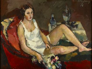 genç kadın, üstünde, kırmızı kanepe by Anton Faistauer