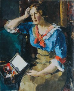 Mavi bluzlu oturan bayan by Anton Faistauer