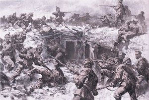 Moskova Grenadier Kolordusunun Silezya, Prusya ve İmparatorluk Alman birlikleri tarafından yenilgisi, The Illustrated History of the World War 1914-1915 pubından. tarafından Union Berlagsefellfchaft by Anton Hoffman