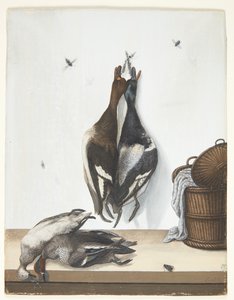 Dört ördek ve açık bir sepet ile natürmort by Anton Ignaz Hamilton