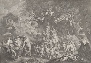 Venüs Bayramı, satirler, periler ve putti gruplarının Ve..., 1732 heykelinin etrafında dans ettiği.