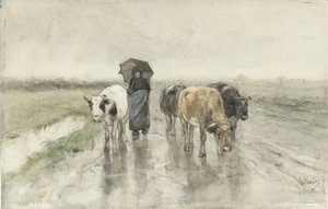 Yağmurda Köy Yolunda İnekleri Olan Bir Çoban Yağmurda köy yolunda inekleri olan bir çiftçinin karısı. by Anton Mauve