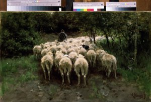 Ormandaki koyunlar. Ormandaki koyunlar. Arkadan görülen sığır sürüsü ile çoban. Anton Mauve