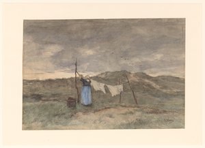 Kum tepelerinde bir çamaşır ipindeki kadın by Anton Mauve