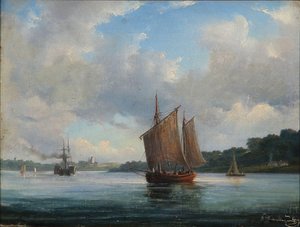 Balıkçı tekneleri ve kürekli vapur ile Fiord manzarası by Anton Melbye