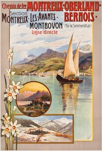 Montrö-Oberland-Bernois tren yolculukları için afiş reklamı, c. 1910 (renkli taş)