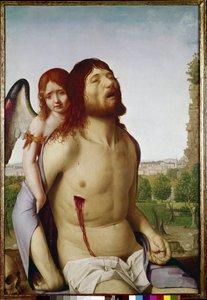 Bir melek tarafından desteklenen ölü Mesih. (paneldeki yağ by Antonello da Messina