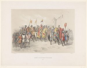 1851 Utrecht Masquerade: Ridder Yetimhanesi, 1217 Şövalye Yetimhanesi, 1217 (nesne üzerindeki başlık) Vaderlandsche Tarihi. en eski zamanlardan 17. yüzyılın sonuna kadar, kostümlü olarak HH Dtudenten der Utrechtsche Hoo tarafından sunulan sekiz sahnede by Antonie Johannes Groeneveldt