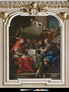 “” Büyük Aziz Gregoire, pelerin kılığına girmiş İsa ile bir masada”” Papa'nın yanında, Kutsal Ruh'un güvercini (Kutsal Ruh) 1729-1731 (resim)