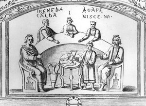 Roma'daki erken dönem Hıristiyan bir yeraltı mezarlığı freskinden ziyafet sahnesi, Antonio Bossi tarafından 'Roma Sotterranea'dan illüstrasyon, 1632'de Roma'da yayınlandı (ahşap gravür) by Antonio Bosio