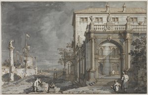 Capriccio: Lagün Yanında Avlulu Bir Saray, c. 1750-1755. by Giovanni Antonio Canal