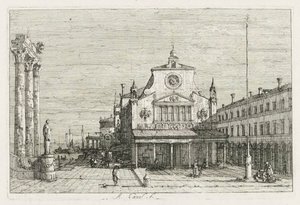 Manzara: Deniz Kıyısında Üç Sütun ve Bir Heykel, 1735-1746. by Giovanni Antonio Canal