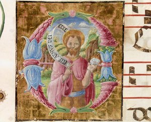 Antonio Cicognari tarafından aydınlatılan Aziz John the Baptist Lettrine. Bir antifonaryden detay. 1483. Cremone, koro 4, katedralin bölümü by Antonio Cicognara
