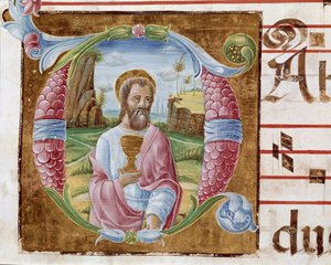 Saint John the Evangelist Lettrine illuminated by Antonio Cicognari. Detail of an antiphonary. 1483. Cremone, choral 4, capitolo del duomo by Antonio Cicognara