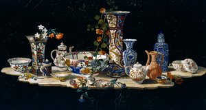Porselen vazolu masa üstü, yaklaşık 1797, mermer üzerine yarı değerli taş mozaik, Floransa