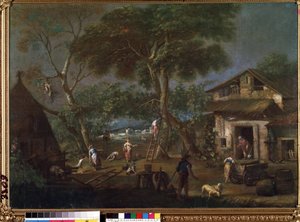 ""İtalya Manzarası"" (İtalyan manzarası) İtalyan kırsalında bir çiftlik evi. Resim Antonio Diziani (1737-1797) Mikalojus Konstantinas Ciurlionis Güzel Sanatlar Müzesi, Kaunas, Litvanya