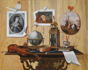 Bir baskı ve iki resim, bir anahtar, bir keman, bir küre, bir saat, bir nota levhası ve bir masadaki diğer nesnelerin trompe l"oeil