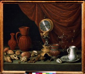 "Saatli natürmort" Sarkaç, sürahi, deniz kabukları, fındık, kristal cam. Antonio de Pereda y Salgado