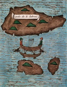 Islas de los Ladrones (bugün Mariana Adaları), Ferdinand Magellan ile dünya çapında ilk yolculuğun Raporundan renkli gravür by Antonio Pigafetta