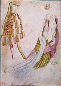 Saray kıyafetleri içinde bir erkek ve bir kadın Suluboya, tüy ve yıkama Antonio di Puccio Pisano dit Pisanello (1395-1455