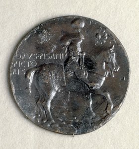 Ludovico III Gonzaga Madalyası (1414-1478), Mantua Markisi. Ön: at sırtında silahlı marki, bronz, siyah patine by Antonio Pisanello
