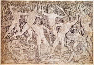 Çıplak adamlar dövüşür. Antonio Pollaiuolo (Pollaiolo) tarafından gravür (1432-1498)
