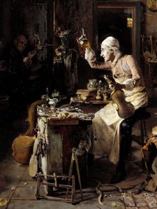 Detay: “” İtalyan luthier Stradivarius (Antonio Stradivari) (1644-1737) atölyesinde”” Tablosu Antonio Rinaldi (19. yüzyıl) 1886 Cremone, Museo Civico by Antonio Rinaldi
