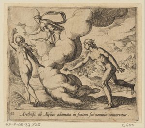 Arethusa wordt achtervolgd kapı Alpheüs Alpheus tarafından sevilen Arethusa, adının kaynağına dönüştürülür (nesne üzerindeki başlık) Metamorfozlar veya dönüşümler (dizi başlığı) Metamorfozlar van Ovidius (dizi başlığı) by Antonio Tempesta
