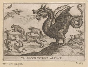 Bir ejderha diğer hayvanları korkutur Ubi adsum vitiosa absunt (nesne üzerindeki başlık) Dövüşen hayvanlar (dizi başlığı) by Antonio Tempesta