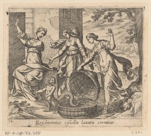 Erichthonius uit zijn mand gelaten Erichtonius tabutu sıktı (nesnedeki başlık) Metamorfozlar veya dönüşümler (dizi başlığı) Metamorfozlar van Ovidius (dizi başlığı) by Antonio Tempesta