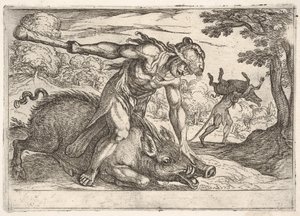 Herkül ve Erymanthus Domuzu: Herkül sol ha..., 1608 ile yabandomuzlarının burnunu tutar.