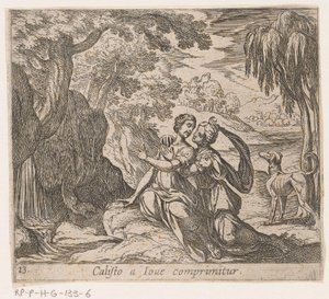 Jüpiter ve Callisto Calisto Jüpiter tarafından bastırılıyor (nesne üzerindeki başlık) Metamorfozlar veya dönüşümler (dizi başlığı) Metamorfozlar van Ovidius (dizi başlığı) by Antonio Tempesta