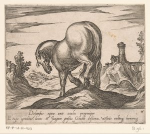 Tepeden inen at, arkasından görülen farklı ülkelerden atlar (dizi adı) Ducibus princeps celebraberis ore viroru illa homines'i yendi haec sideribusq locat (dizi adı) by Antonio Tempesta