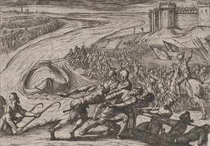 Levha 12: Tahıl Dolu Bir Geminin Kıyıya Çekilmesi, Romalıların Savaşa Karşı ..., 1611. by Antonio Tempesta