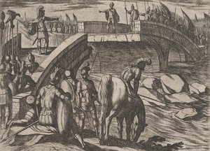 Levha 36: Civilis ve Cerialis Anlaşmaya Varmak İçin Kırık Bir Köprüde Buluşuyor, The War of..., 1611. by Antonio Tempesta