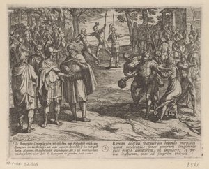 Romalılar genç Hollandalı erkekleri Hollandalı yaşlılardan satın alıyor Romalılara karşı Batavia Savaşları (dizi başlığı) Batavorum cum Romanis Bellum (dizi başlığı) by Antonio Tempesta