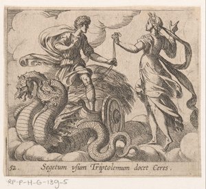 Triptolemus ontvangt de waven van Ceres Ceres (nesne üzerindeki başlık) Metamorfozlar veya dönüşümler (dizi başlığı) Metamorfozlar van Ovidius (dizi başlığı) by Antonio Tempesta