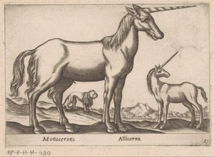 İki tek boynuzlu at ve bir aslan Monocerons/ Allicorno (nesne üzerindeki başlık) Hayvanlar ve efsanevi yaratıklar (dizi adı) Nova raccolta de li animali piu curiosi del mondo (dizi başlığı) by Antonio Tempesta