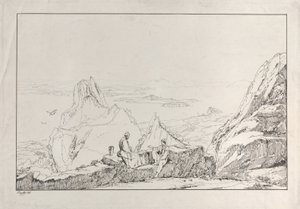 Ön planda iki adamın olduğu dağlık bir manzara, 1828. by Antonio Vianello