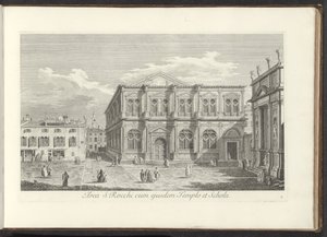 Aynı tapınak ve okula sahip S. Rocchi'nin Gezicht op Campo San Rocco te Venetië Bölgesi (nesne üzerindeki başlık) Venedik'teki Gezichten op gebouwen en pleinen (dizi başlığı) by Antonio Visentini