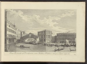 Gezicht op het Canal Grande, Palazzo dei Camerlenghi en de Rialtobrug te Venedik Batıda Rialto nehri üzerinde bir köprü, her iki tarafa da kamu binaları eklendi (nesnedeki başlık) Venedik şehrinin daha ünlü manzaraları by Antonio Visentini