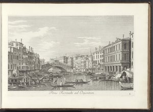 Gezint op het Canal Grande en de Rialtobrug te Venetië Rialto üzerinde doğuda bir köprü (nesne üzerindeki başlık) Antonio Vssentini tarafından yeniden üretilen 38 pirinç panelden Venedik şehrinin daha ünlü manzaraları, üç parçaya dağıtıldı . ikinci kısım ( by Antonio Visentini